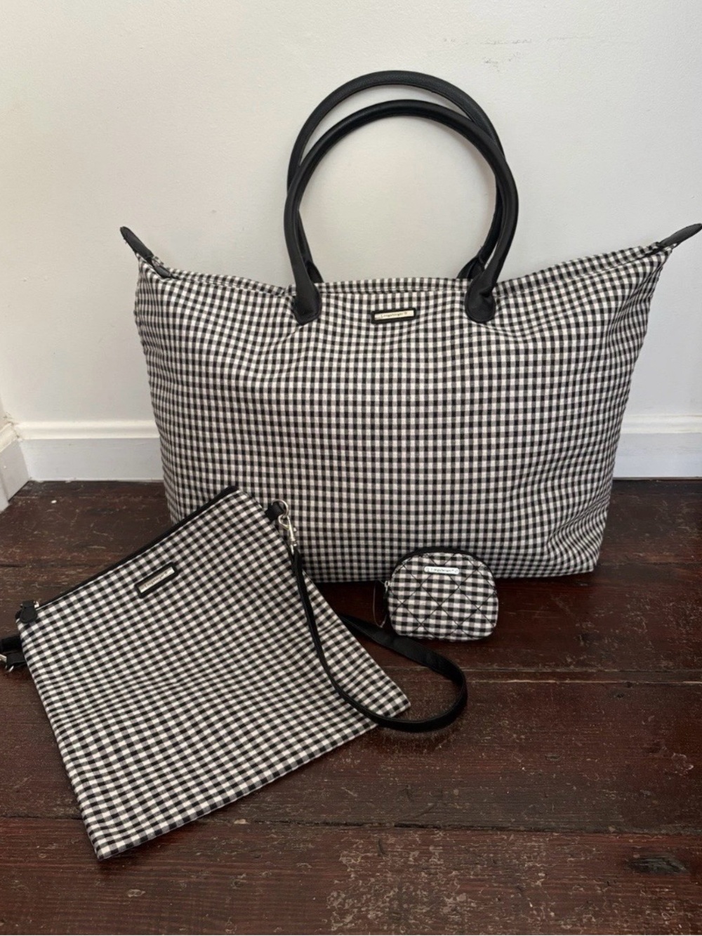 Longaberger Homestead Black & White Gingham Check Shoulder Bag Tote Set